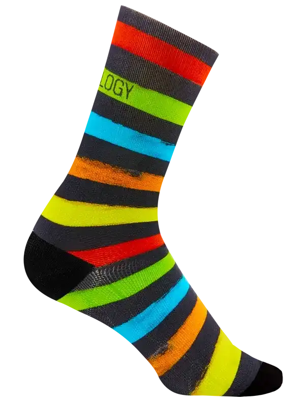 Colorful striped cycling sock with neon accents for men and women, perfect for bike rides and athletic wear.