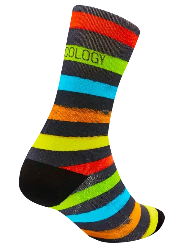 Colorful striped cycling sock with bold neon and black bands, featuring 'COLOGY' text on cuff.