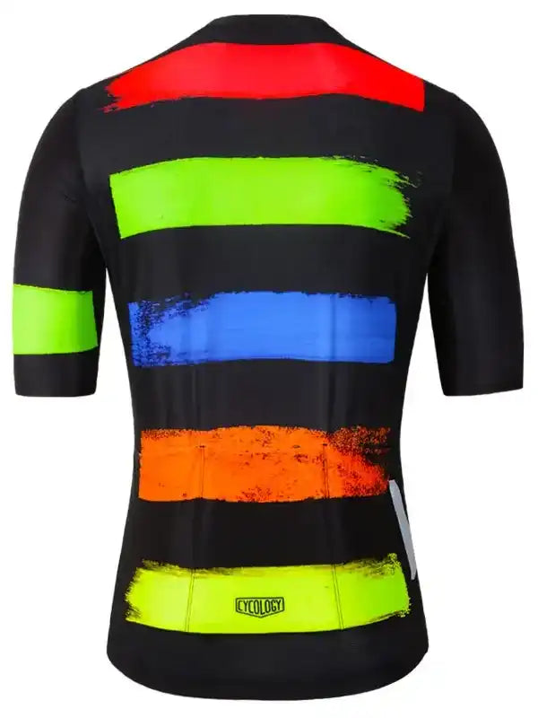 Men's cycling jersey with bold rainbow stripes, high-visibility design, and reflective details for road biking