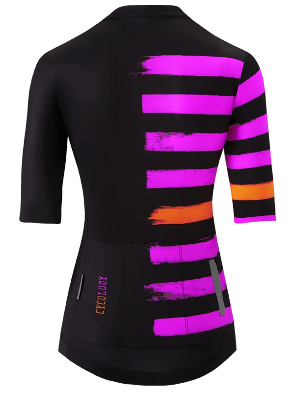 Horizon Black Women's Reborn Cycling Jersey with pink stripes back view 