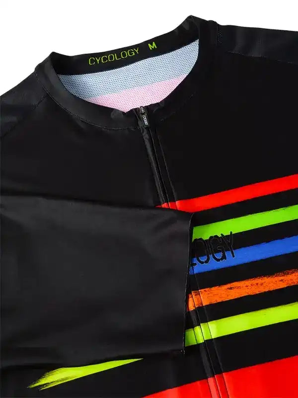 Black cycling jersey with colorful stripes, full zip, and breathable mesh lining for men's bike rides
