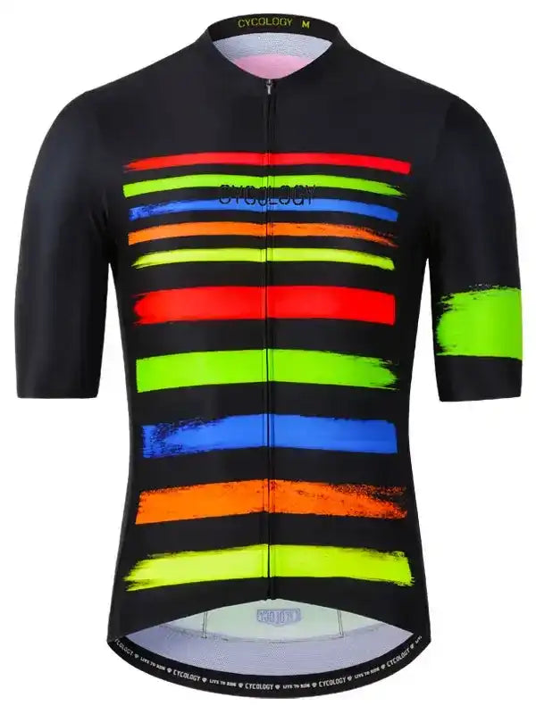 Men's cycling jersey with vibrant rainbow stripes, black base, and full zip front for performance rides