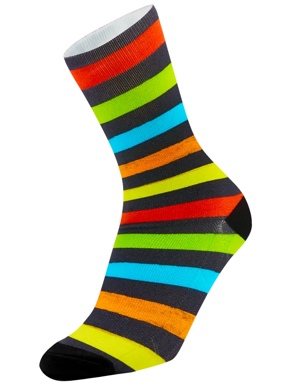 Colorful striped cycling sock on a black background