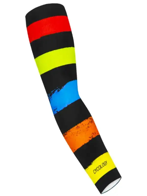 Colorful cycling arm sleeve with bold striped design for men and women