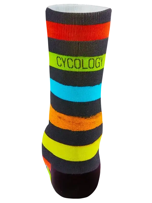 Colorful striped cycling sock with 'CYCOLOGY' text, vibrant rainbow design for men's and women's bike rides