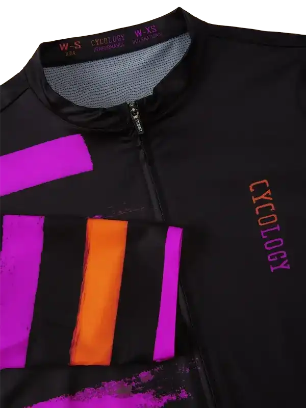 Black cycling jersey with bold purple and orange stripes, featuring 'CYCOLOGY' branding and performance mesh collar.
