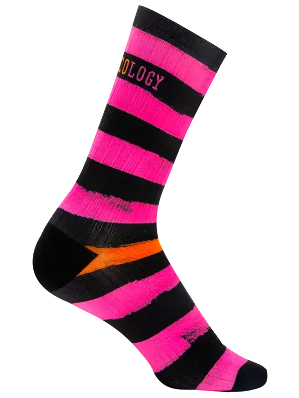 Bright pink and black striped cycling sock with orange accent, performance fabric for riders