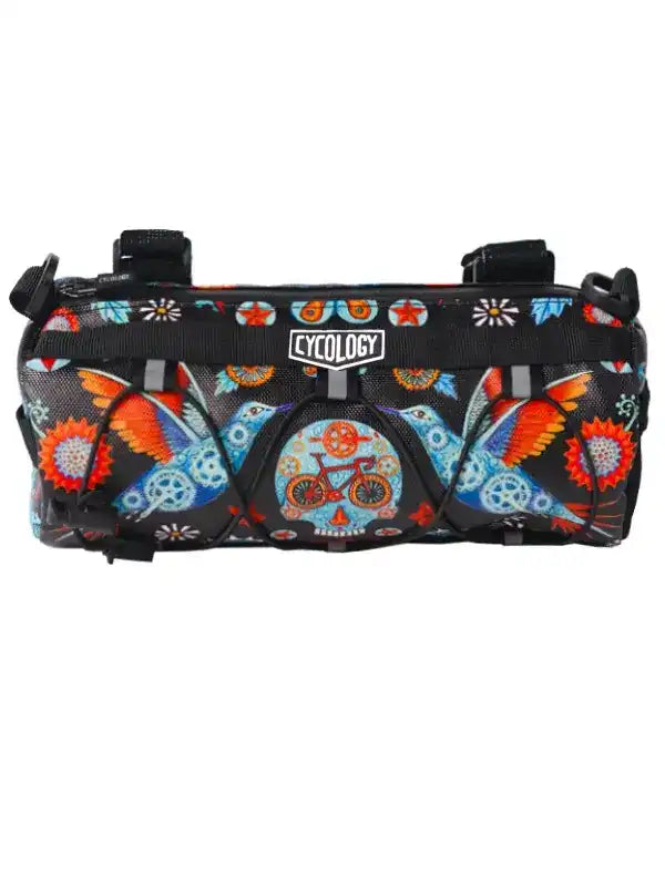 Colorful cycling frame bag with bird and bike print, ideal for bikepacking and road rides