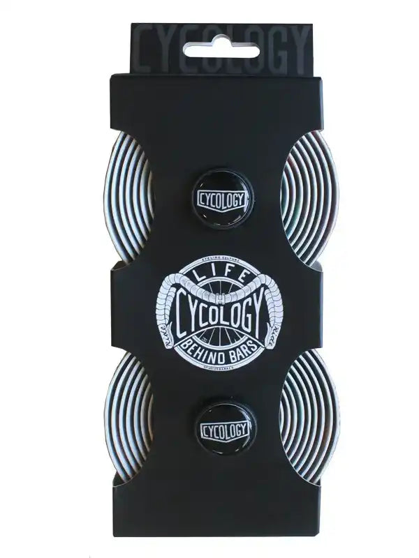 Cycology branded cycling bar tape in black packaging with 'Life Behind Bars' design