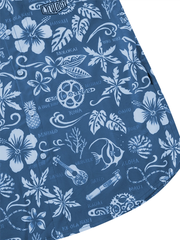 Blue Gravel Shirt with white Hawaiian-themed patterns, including flowers and symbols, with a side zip pocket 