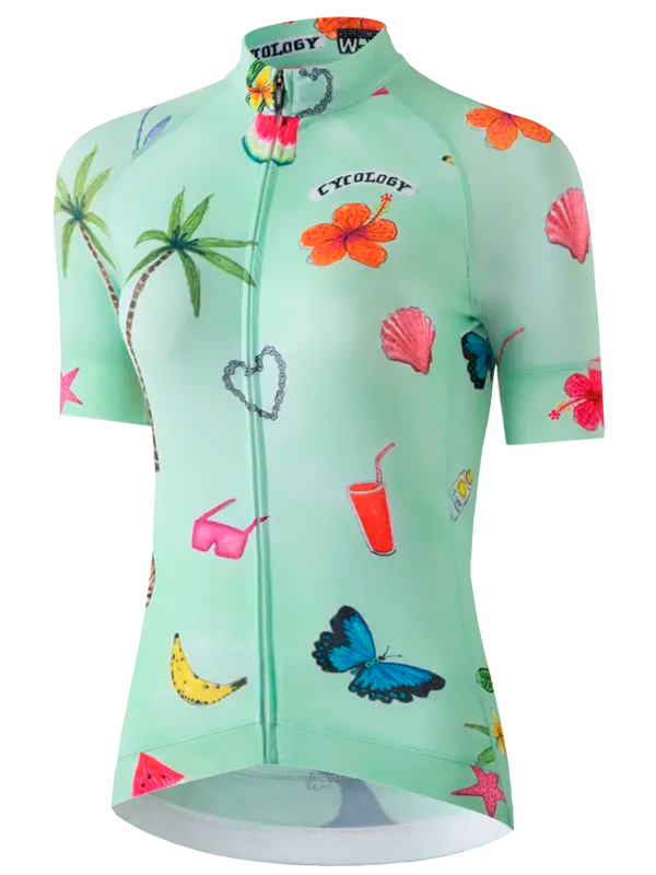Light green cycling jersey with colorful tropical patterns 