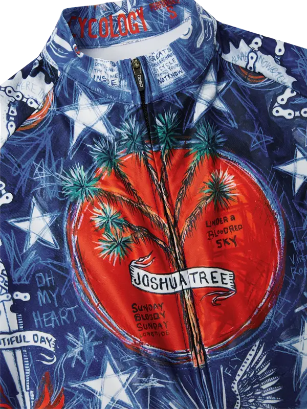 Blue long-sleeve cycling jersey with a central design of a tree and text on a blue background