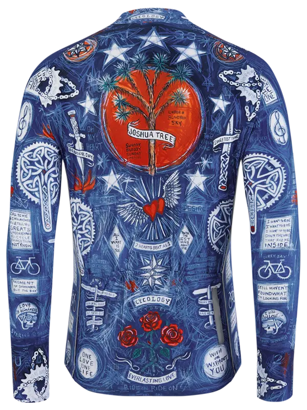 Blue long-sleeve cycling jersey  with intricate patterns and designs on a white background