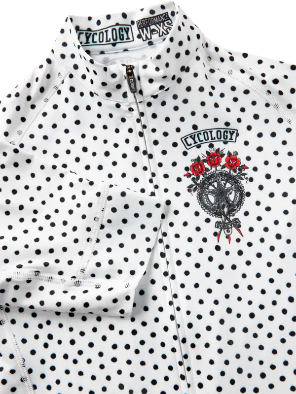 White polka dot cycling jersey  with black text and logo on a white background
