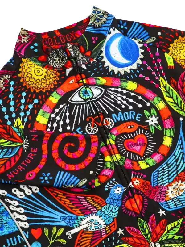 Vibrant cycling jersey with psychedelic art, snakes, eyes, and moon design on black fabric