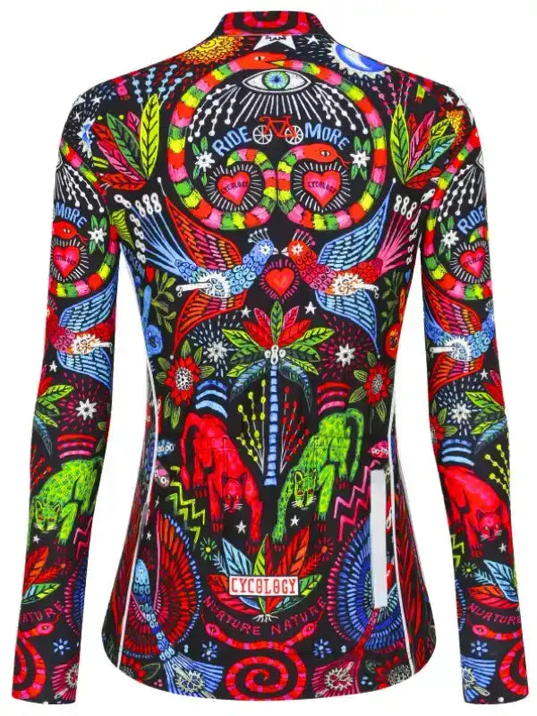Vibrant women's cycling jersey with colorful nature and ride motifs, long sleeves, reflective details