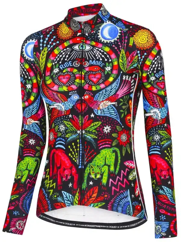 Vibrant long-sleeve cycling jersey with psychedelic animal and nature print, ideal for men's and women's rides