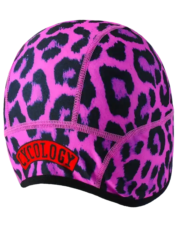 Pink leopard print cycling cap with red Cycology logo, breathable fabric for bike rides