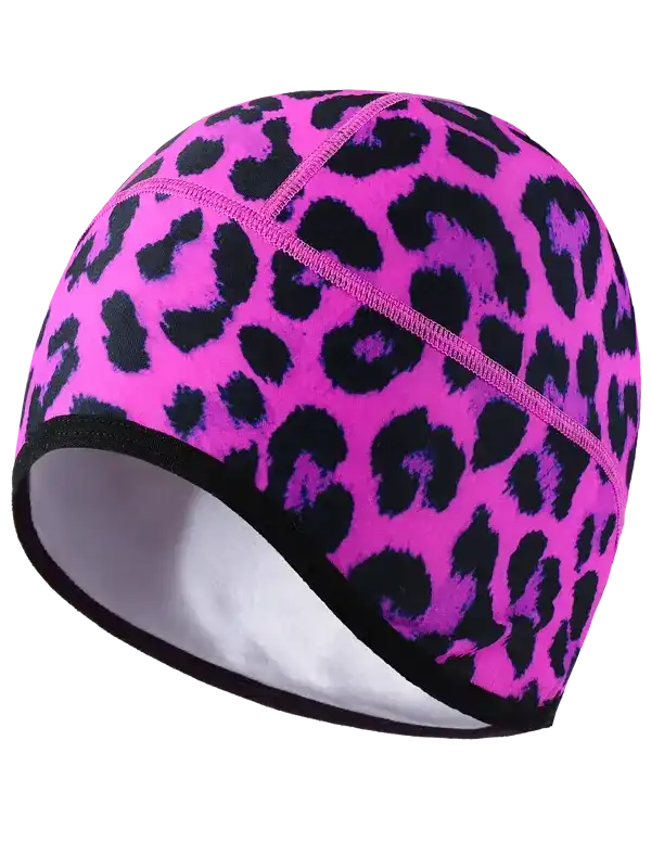 Pink leopard print cycling beanie with black trim and white lining for women's bike rides