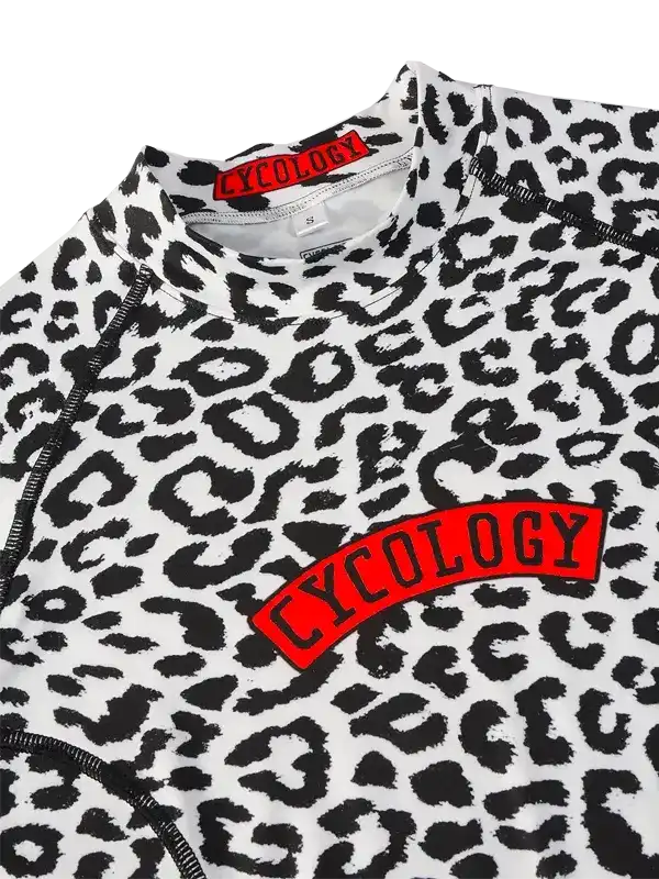 Cycology leopard print cycling jersey with red logo, high-quality fabric for men and women