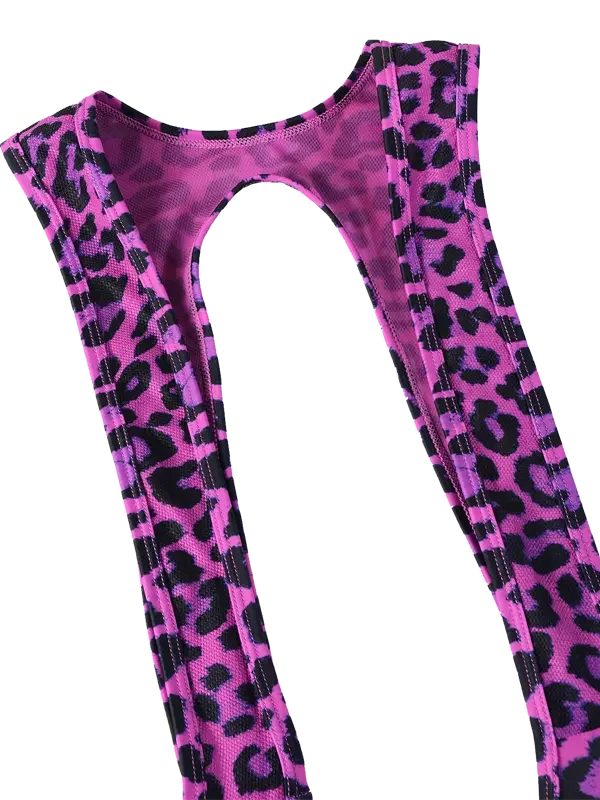 Pink leopard print cycling bib straps with black stitching, high-performance fabric for women's cycling wear
