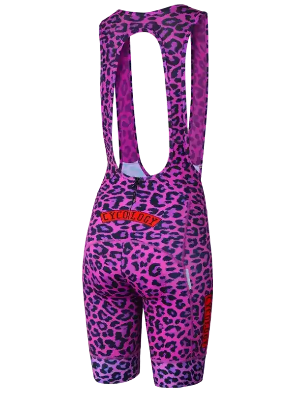 Pink leopard print women's cycling bib shorts with back zipper and brand logo