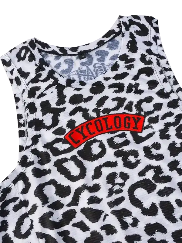 Leopard print cycling jersey with red 'CYCOLOGY' patch, stylish women's bike wear