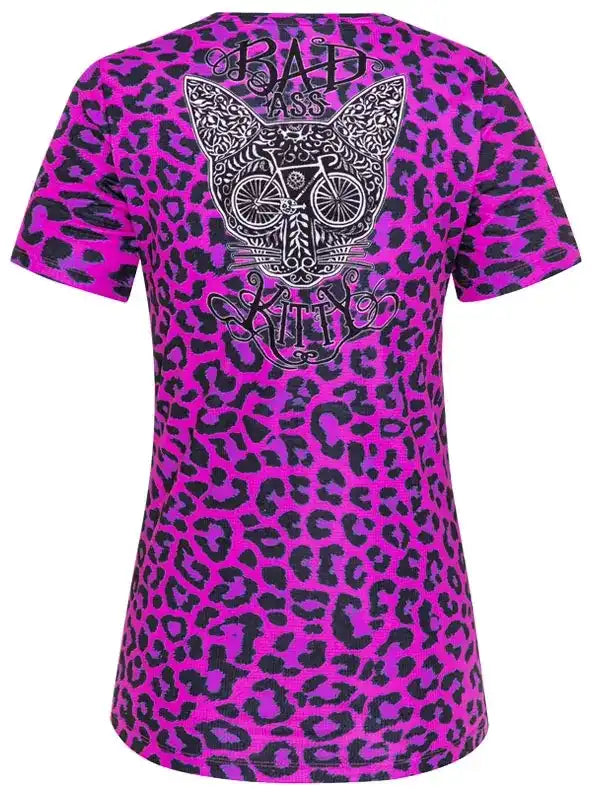 Pink leopard print women's cycling jersey with 'Bad Ass Kitty' graphic and bike wheel design