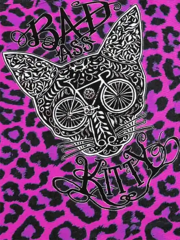 Pink leopard print cycling apparel with 'Bad Ass Kitty' graphic and bike design