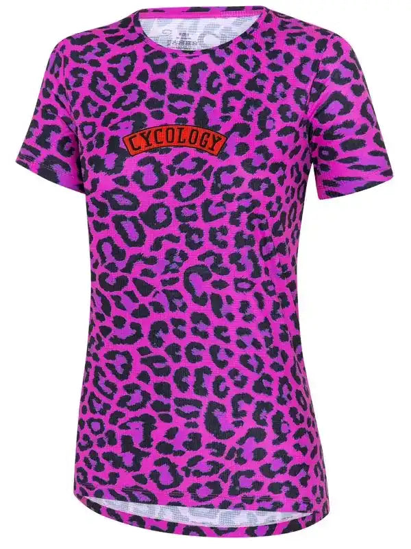 Pink leopard print cycling jersey with bold design for women's rides
