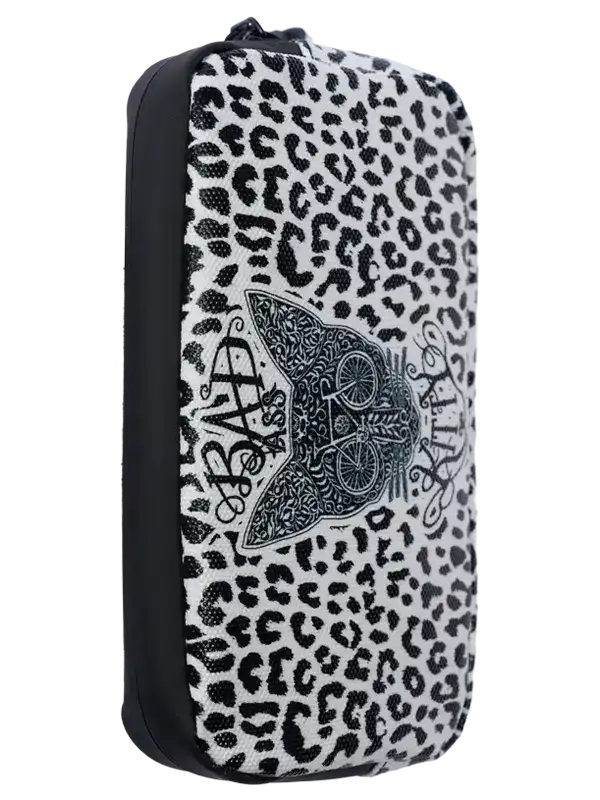 Leopard print cycling accessory pouch with bold graphic design and black trim