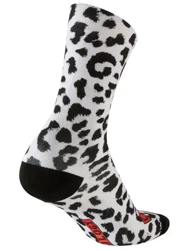 White cycling sock with black leopard print pattern and red logo, designed for comfort and style on rides.