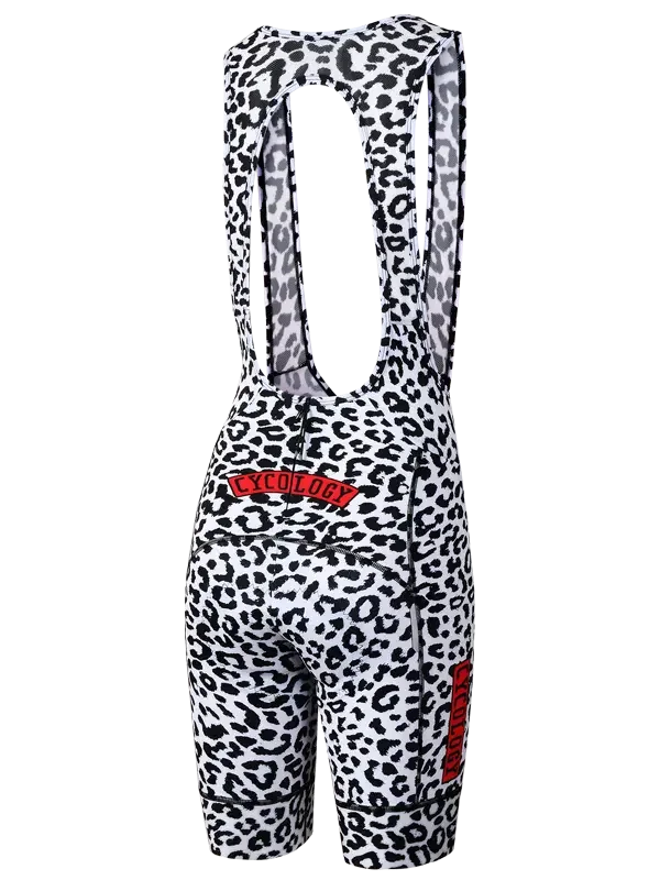 Women's leopard print cycling bib shorts with red logo, high-performance fabric, ergonomic design