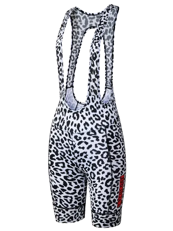 Women's cycling bib shorts with black and white leopard print design, featuring ergonomic seams and breathable fabric.
