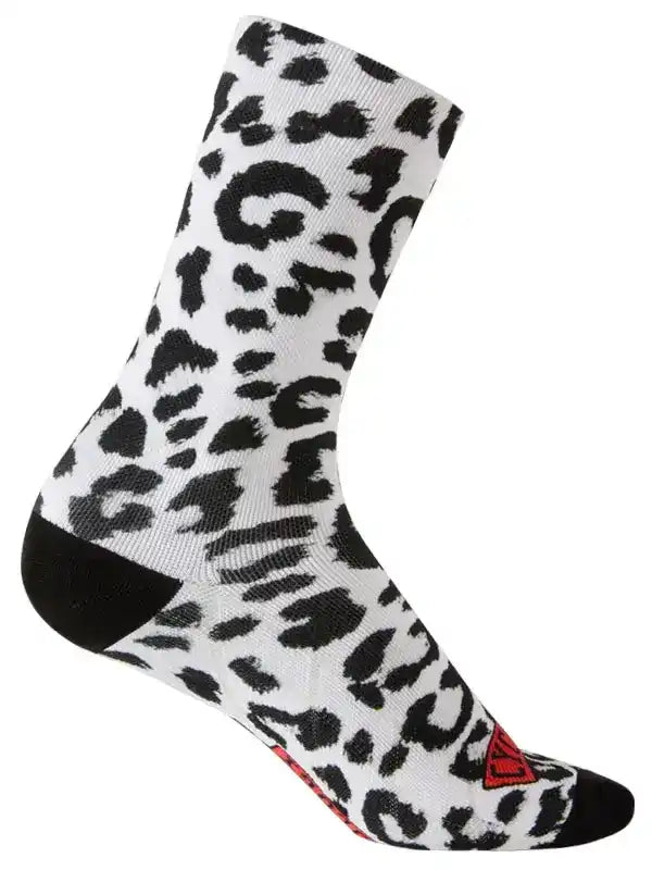 White cycling sock with black leopard print pattern and red logo, designed for men's and women's bike rides