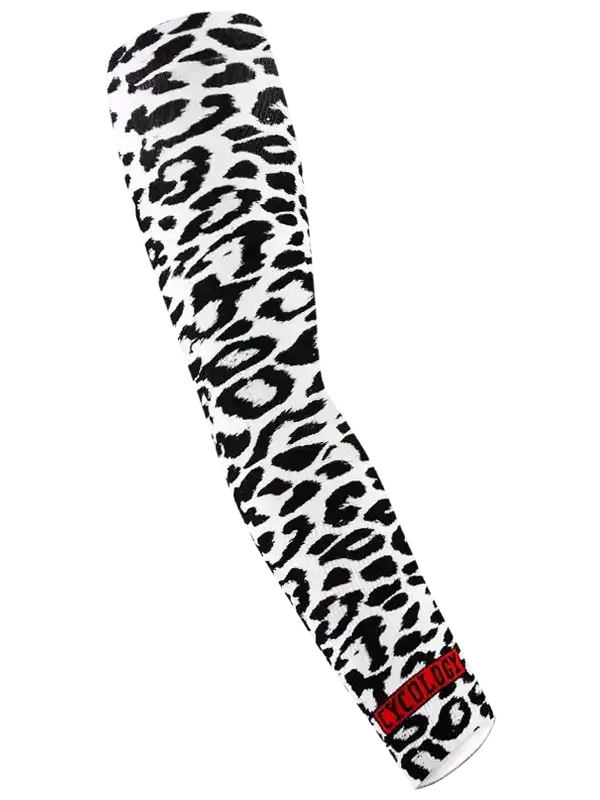 Black and white leopard print cycling arm sleeve with red logo