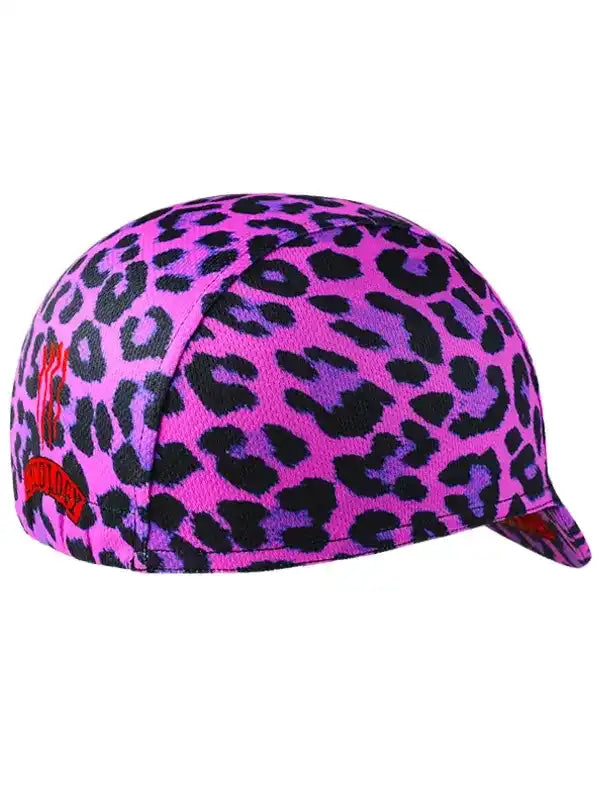 Pink leopard print cycling cap with black spots and red logo
