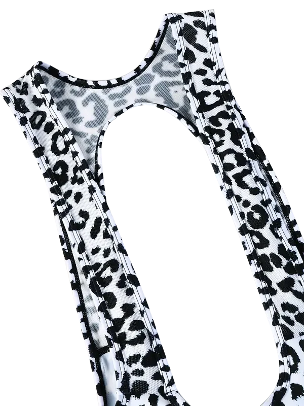 Black and white leopard print cycling top with mesh back panel