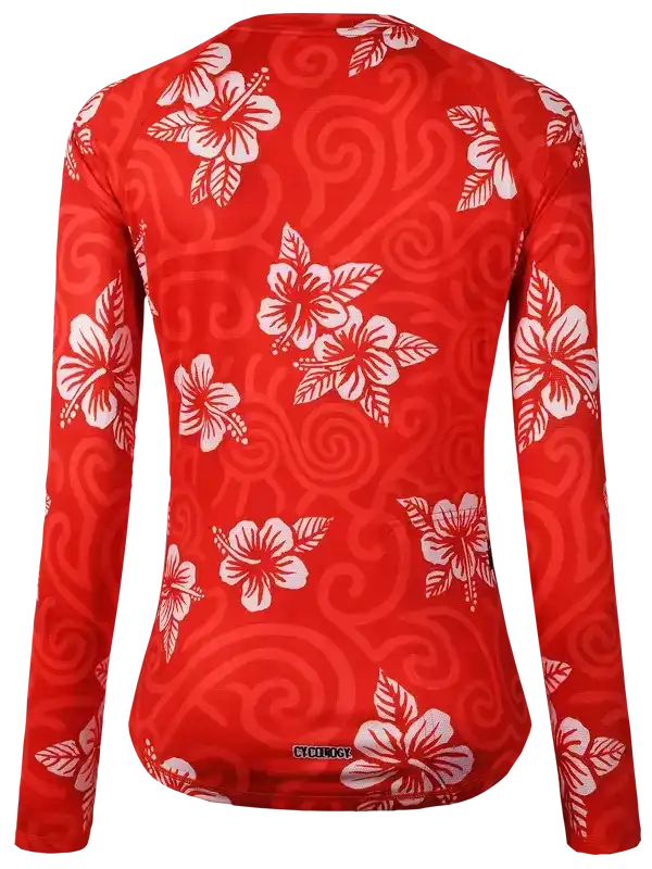 Red long-sleeve cycling jersey with white hibiscus floral pattern and swirl design for women's bike wear