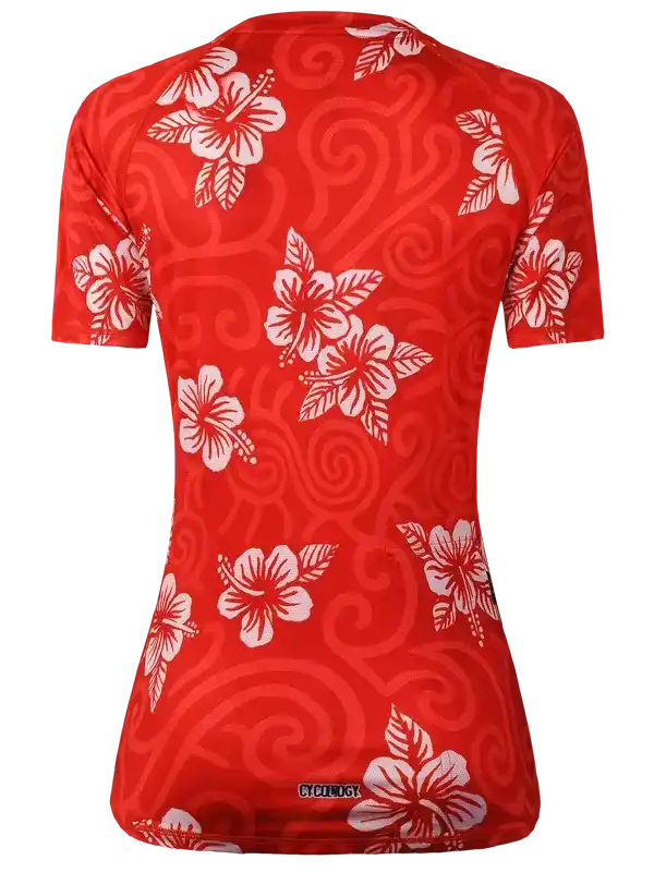 Red women's cycling jersey with white hibiscus flower print and swirl pattern, breathable fabric design