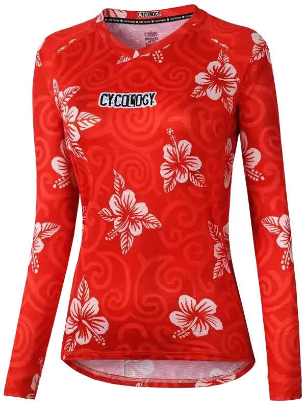 Red women's long sleeve cycling jersey with white hibiscus floral print and swirl pattern