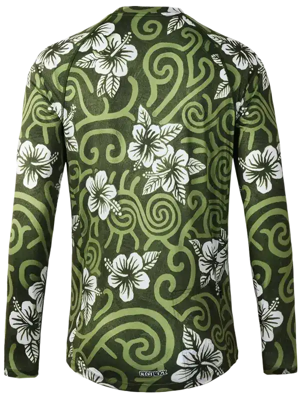 Green long-sleeve cycling jersey with white hibiscus flowers and swirl patterns, ideal for men's or women's bike rides.
