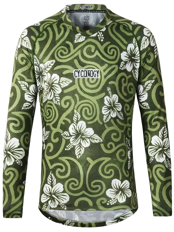 Green long-sleeve cycling jersey with white hibiscus flowers and swirl patterns, featuring breathable fabric and ergonomic fit.