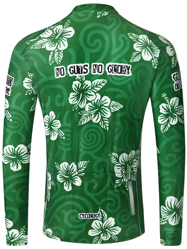 Green long sleeve cycling jersey with white hibiscus flowers and 'NO GUTS NO GLORY' text
