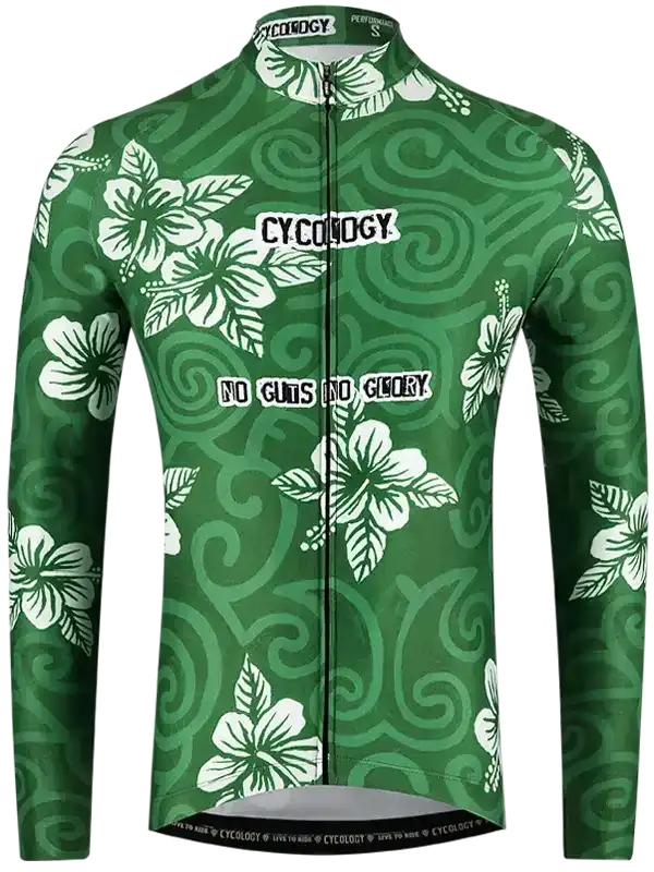 Green long sleeve cycling jersey with white hibiscus flowers and 'No Guts No Glory' text, ideal for men's and women's rides.