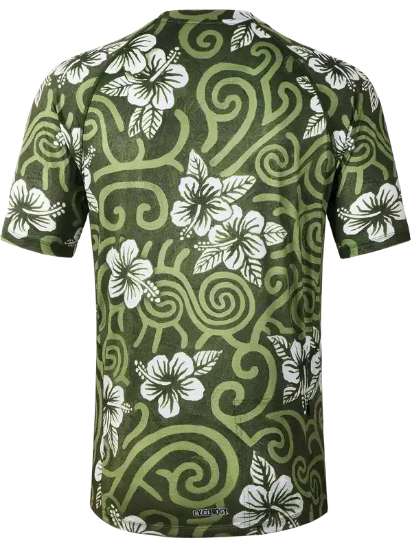 Men's cycling jersey with green swirls and white hibiscus flowers, breathable fabric for active rides