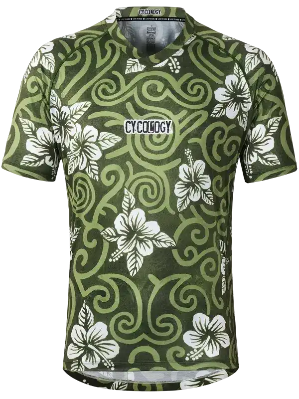 Men's cycling jersey with green swirls and white hibiscus flowers, breathable fabric for road biking