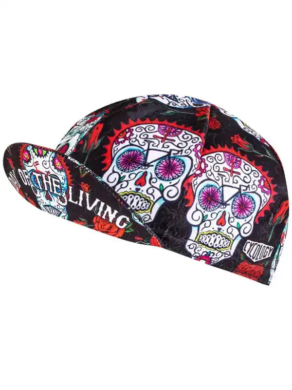Cycling cap with vibrant sugar skull design, bold colors, and 'King of the Living' text for men's and women's bike wear.