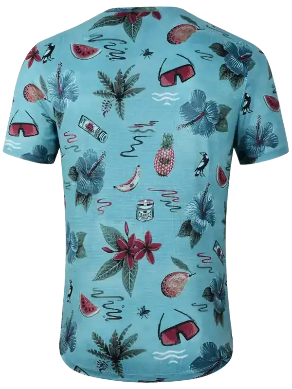 Tropical print men's cycling jersey with hibiscus, pineapple, and sunglasses on light blue fabric