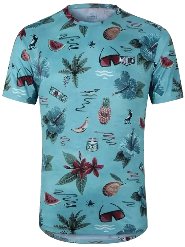 Men's tropical print cycling jersey with hibiscus, pineapple, and watermelon design for summer rides